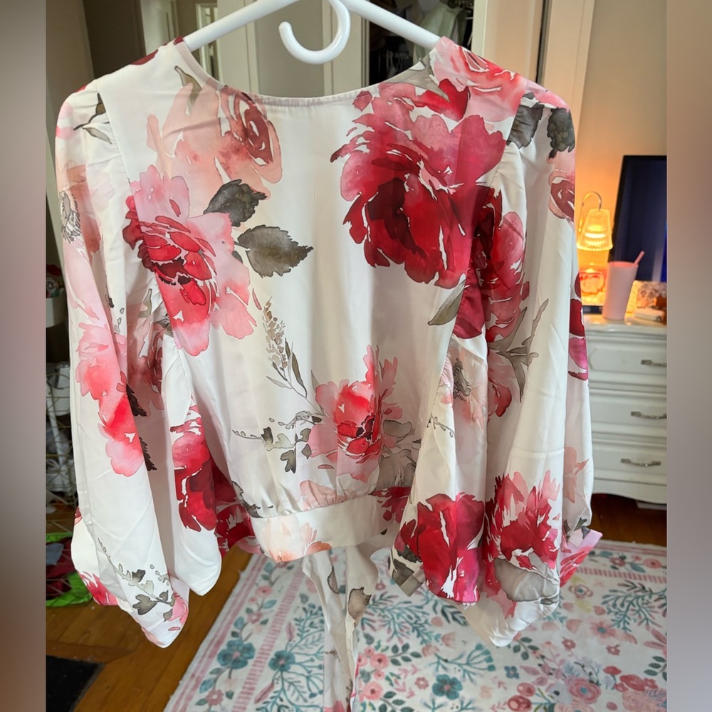 White Floral Tie-Front Blouse with Pink & Red Roses